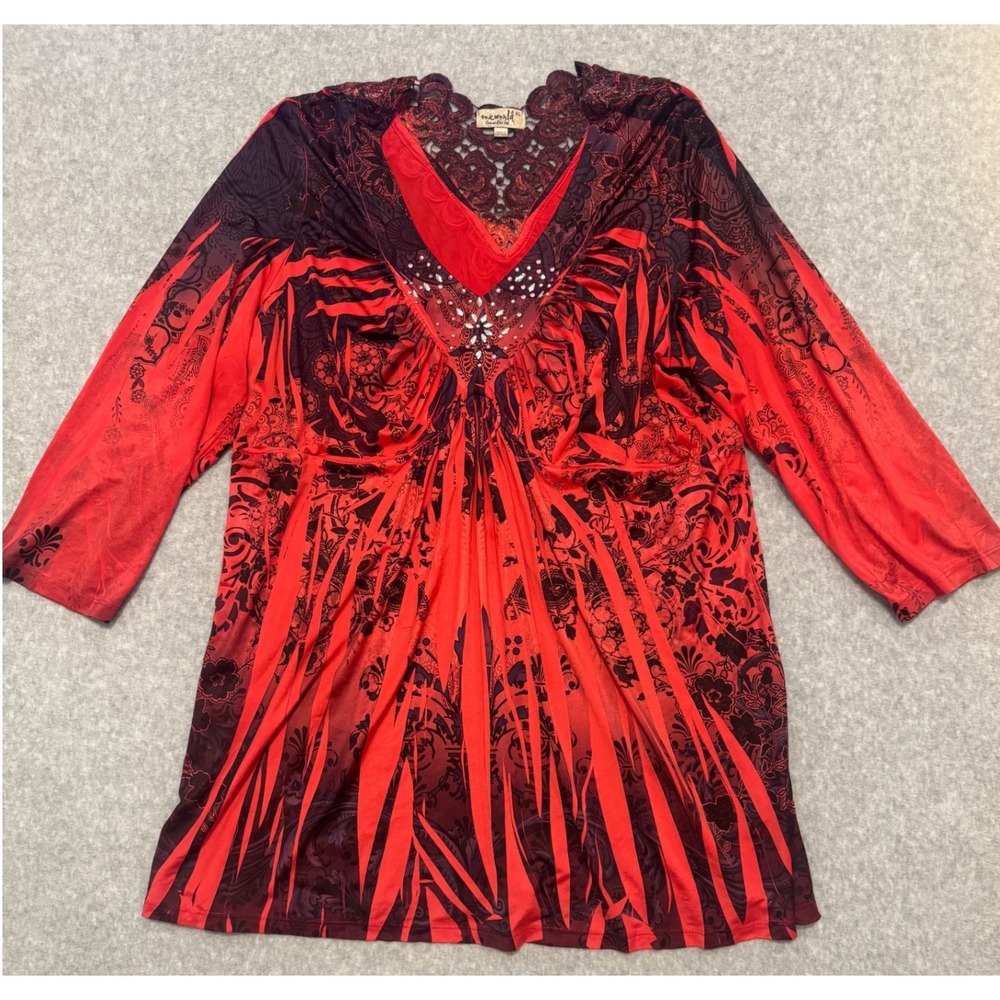 Y2K One World Red Paisley Lace V-Neck Embellished Tunic Top XL Whimsigoth
